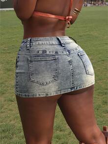 SHEIN SXY 女士休闲百搭短款牛仔 A 字迷你裙 - 藍色 - 查看 2