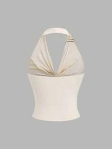 SHEIN PETITE French Design Draped Neckline Ruched Waist Retro Style Summer Cropped Tank Top For Petite Women - Apricot - View 2