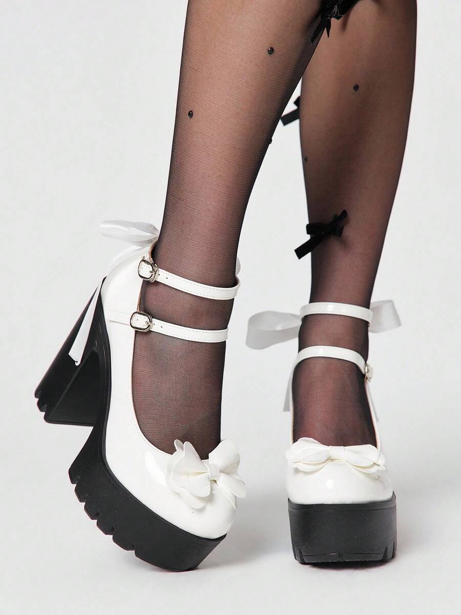 ROMWE Kawaii Zapatos de plataforma estilo Mary Jane sexy para mujer con adorno de lazo de encaje en la parte trasera; elegante correa doble ajustable con hebilla en la parte posterior para y otoño; perfectos para fiestas, salidas y citas. - Blanco - Ver 1