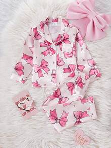 Set de 2 piezas de pijama informal y cómodo con pantalón largo y manga larga con estampado de moño en tela de tafetán para niñas jóvenes - Albaricoque - Ver 4