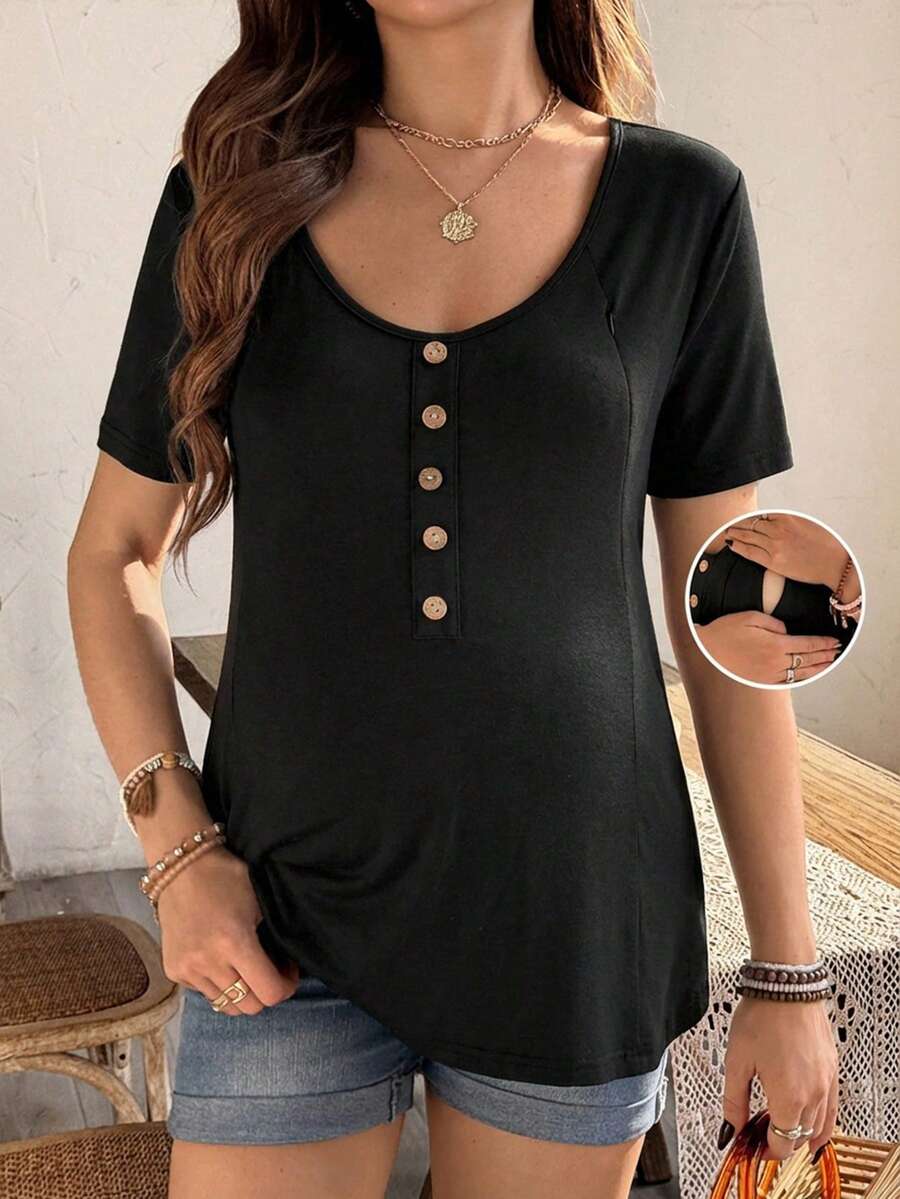 SHEIN 孕妇纯色圆领短袖纽扣设计休闲T恤 - 黑色 - 查看 1