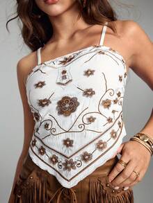 ROMWE Camiseta de tirantes ligera y versátil para mujer con bordado recargado, estilo hippie vacacional - Blanco - Ver 1