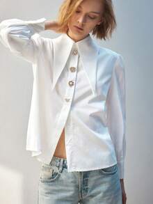 Maija Peak Collar Button Front Blouse Workwear,Long Sleeve Tops, - White - View 5