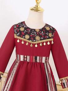 SHEIN Young Girl Watercolor Floral Sequin Dress, Elegant & Charming, Suitable For Holidays, Parties, Outings, Spring/Summer/Autumn - Burgundy - View 8