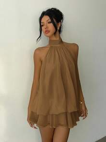 Aloruh Women's Elegant Light Yellow Halter Neck Tie Mini Dress ,Summer Dress - Khaki - View 6