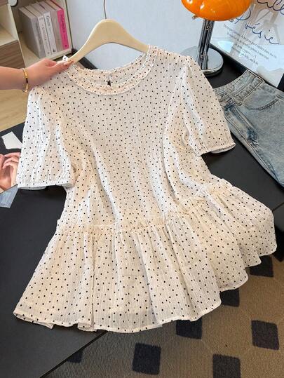 GlowEve CURVE Plus Size Women's New Elegant French Style Frill Polka Dot Petal Sleeve Blouse, Unique & Gorgeous French Chic Crop Top