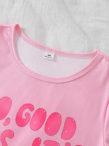 4件套女童字母爱心印花修身睡衣套装，包括粉色字母裤、黑色字母星星图案上衣、短袖上衣和短裤 - 彩色 - 查看 6