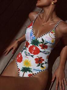 Swim Vcay Women's Floral Random Print Striped Trim Deep V Camisole Elegant Camisole - Multicolor - View 3