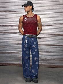 AXEPEAK Men's Round Neck Rhinestone Embellished Casual Everyday Wear Top - Red - View 3