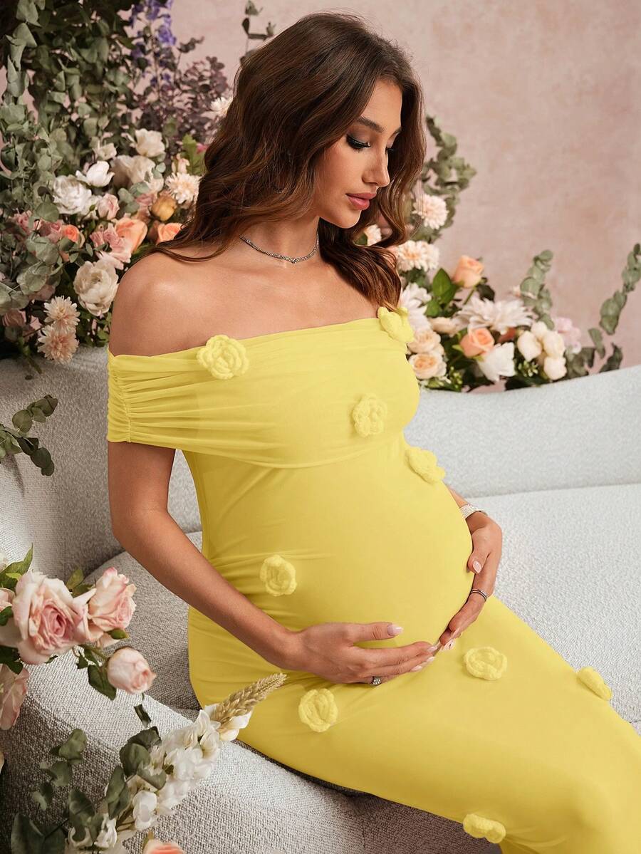 SHEIN Maternity Off Shoulder Floral Decor Casual Everyday Vacation Dress - Yellow - View 1