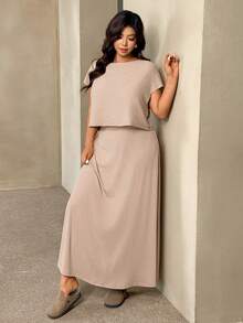 Auralis Conjunto informal de 2 piezas de blusa de manga corta de hombros caídos con tejido elástico acanalado y falda holgada de línea A/Talla grande - Caqui - Ver 7