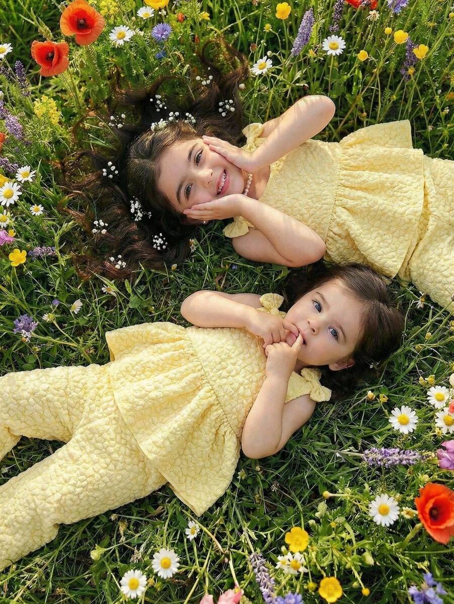 Souflis Souflis 女婴可爱休闲简约春夏黄色纯色纹理编织面料吊带背心和阔腿裤套装,设计简约时尚,融入3D蝴蝶结肩部装饰和荷叶边下摆等可爱元素,非常适合宝宝日常穿着、外出或轻松的家庭聚会。 - 黃色 - 查看 1