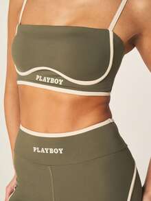 Missguided x Playboy 抹胸运动文胸和高腰短裤套装，撞色滚边细节，两件套运动服 - 橄欖綠 - 查看 4