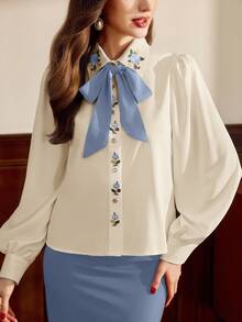 Vintamour 复古经典优雅女士刺绣衬衫，领口系带蝴蝶结衬衫，撞色长袖纽扣衬衫，白色衬衫 - 淺藍色 - 查看 7