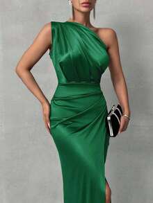 EURMUSE Woman Satin Fabric Elegant Maxi Length Party Dress - Green - View 3