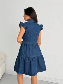 EURMUSE 女士翻领单排扣褶裥休闲度假约会牛仔连衣裙 - 中等水洗藍 - 查看 2