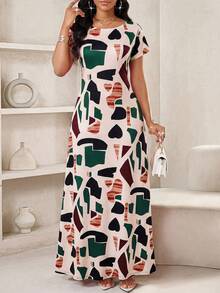 SHEIN Lady 女士圆领短袖撞色不对称印花连衣裙 女士休闲连衣裙 女士长款连衣裙 图案长款连衣裙 短袖连衣裙 波西米亚风长裙 女士Talk连衣裙 Zanzea女士连衣裙 女士裹身连衣裙 Ycv9w 女士连衣裙折扣码 - 彩色 - 查看 5