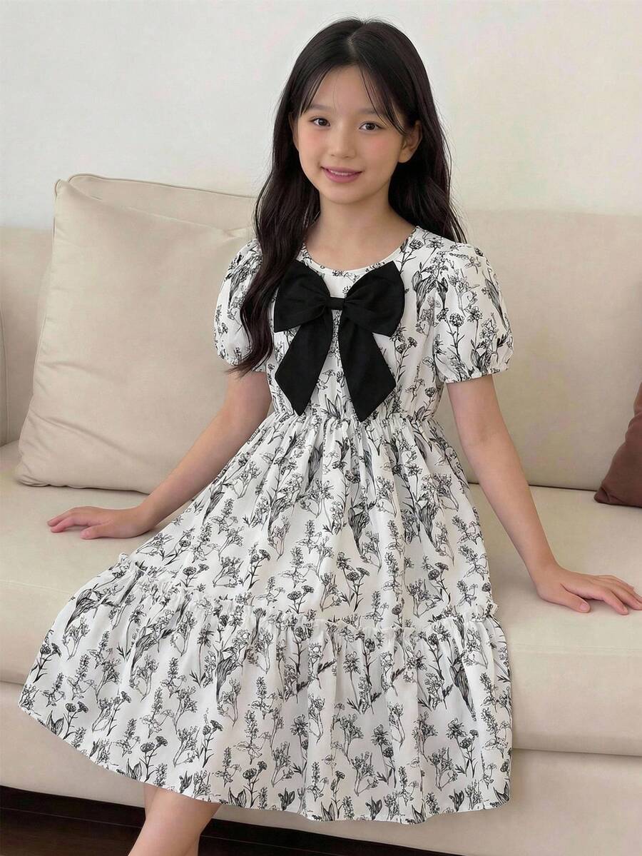 SHEIN 女童优雅复古圆领短袖高腰中长宽松印花褶皱面料蝴蝶结装饰休闲连衣裙 - 白色 - 查看 1
