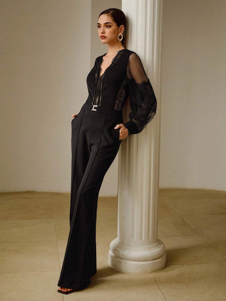 ZEYLAH Women's Elegant Lace Patchwork Long Sleeve Blouse, Spring/Summer - Black - View 1