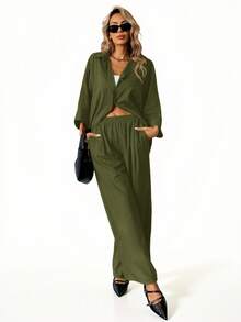 Aveloria Modichic 2件套 女士混纺侧开衩宽松衬衫和高腰阔腿裤 优雅商务休闲女装 - 軍綠色 - 查看 5