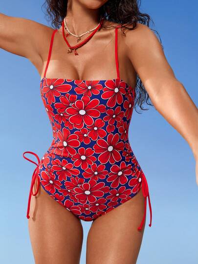 Swim Mod Women's Floral Print Knotted Design One-Piece Swimsuit, Casual For Beach & Pool Flower Bathing Suit Vintage Swimsuit Flower Bikini Red Floral Swimsuit Blue Red Swimsuit Flower Swimsuit Western Bathing Suit Western Swim Suits For Women