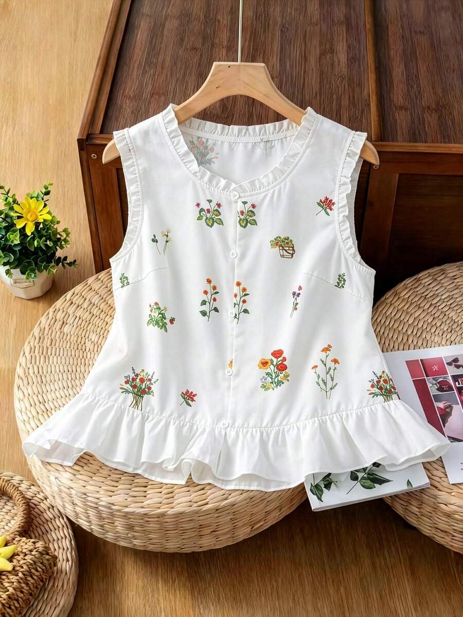 Linhara 大码女式清新花卉印花荷叶边领衬衫，春夏款 - 白色 - 查看 1