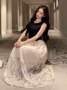 DAZY Spring/Summer Lace Patchwork Elegant Long Dress, Suitable For Wedding, Party, Formal Occasion, Commute - Black - View 6