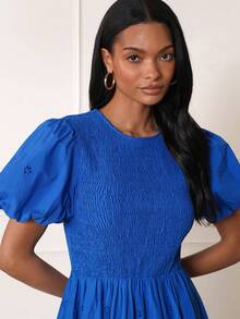 Lilora Women's Elegant Round Neck Gathered Blue Mid-Length Dress - Blue - View 7