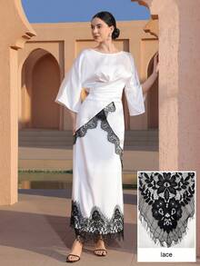 Graceveil Conjunto de top y falda con mangas acampanadas de encaje elegante con contraste, volantes en la cintura y bajo asimétrico, adecuado para citas de primavera y otoño - Blanco y Negro - Ver 13