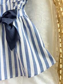 新生女宝宝可爱休闲度假蓝白条纹蝴蝶结装饰连衣裙 - 藍色 - 查看 5