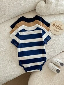 Pelele de bebé recién nacido niño lindo de verano con estampado de rayas y dibujos animados, multicolor - Azul - Ver 2