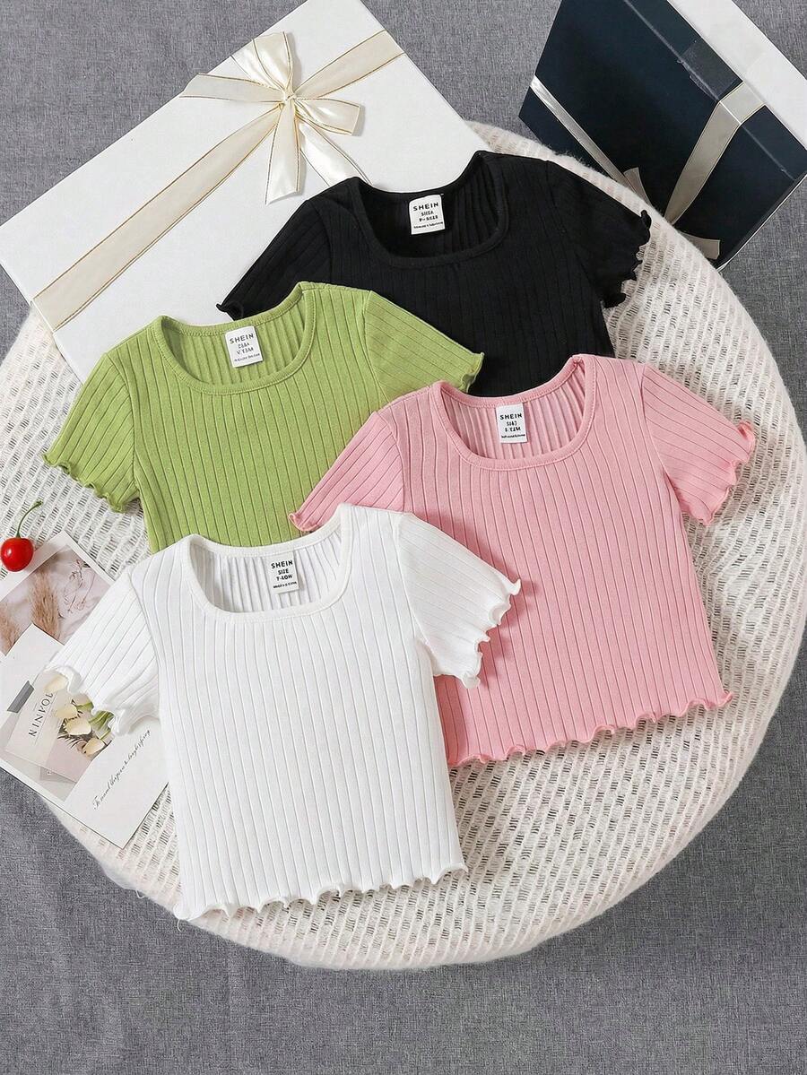4pcs Set Casual Solid Color Knit Ruffle Hem Short Sleeve Top,Kids - Multicolor - View 1