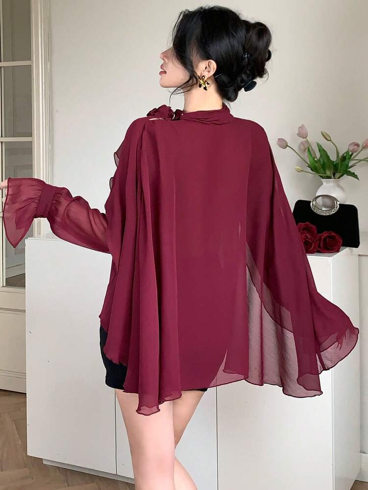 Women's Elegant Solid Color 3D Floral Semi-Sheer Blouse