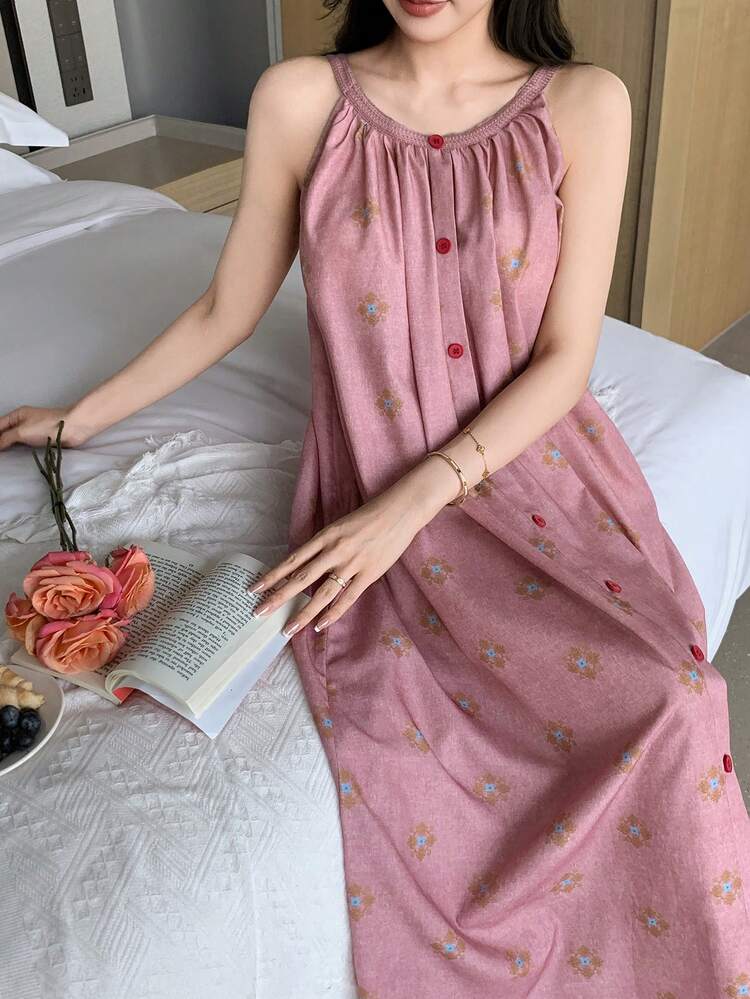 Pattern All-Over Print Loose Long Nightgown For Women