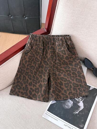 Young Boy Elastic Waist Slant Pocket Leopard Print Loose Denim Shorts