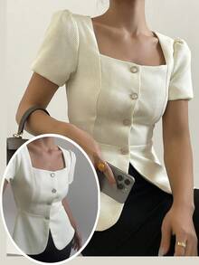 DAZY 女士泡泡袖收腰纯色方领纽扣短袖衬衫夏季 - 白色 - 查看 8