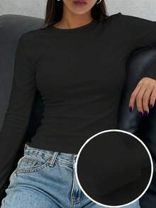 FRIFUL Women's Solid Color Round Neck Fitted Casual Long Sleeve T-Shirt - Black - View 4