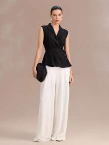 Uhlyne 女士简约亚麻V领无袖系带褶裥上衣 - 黑色 - 查看 6