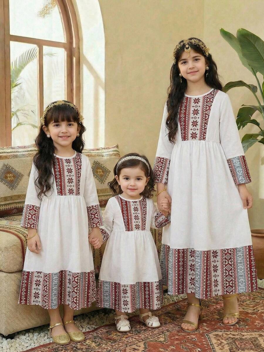 SHEIN Tween Girl Spring & Summer Casual Vacation Retro Stripes & Geometric Retro Print Patchwork Flare Sleeve Ruched Hem Long Dress - Burgundy - View 1