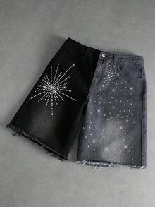 ROMWE MEN Street Life Spring/Summer Casual Graphic Men'S Contrast Color Rhinestone Pocket Fashionable Versatile Casual Commuting Denim Shorts - Black - View 6