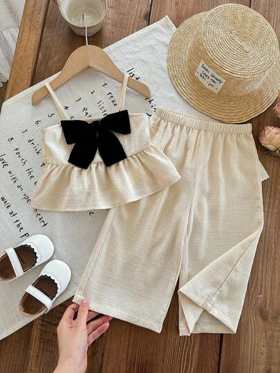 SHEIN Baby Girl Vacation Casual Cute Apricot Bow Camisole & Elastic Waist Pants Set