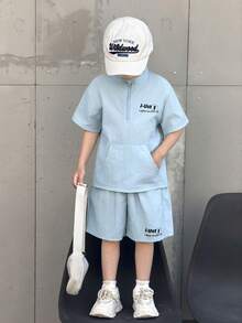 SHEIN Little Byeori Young Boys Casual Printed Short Sleeve T-Shirt And Shorts Set - Baby Blue - View 4