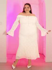 Pretty and Ole Vestido maxi elegante de encaje color albaricoque con hombros descubiertos para mujer de talla grande, adecuado para Año Nuevo, Día de San Valentín, citas, fiestas, uso diario y vacaciones elegantes - Beis - Ver 4