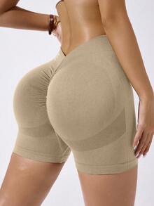 Dewbera Pantalones cortos deportivos sin costuras de cintura alta con estampado de letras - Caqui - Ver 7
