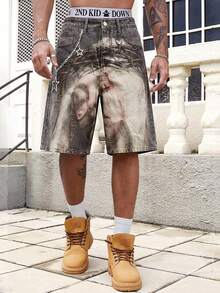 ROMWE MEN Pantalones cortos vaqueros casuales con bolsillo y estampado de figura para hombre - Caqui - Ver 4