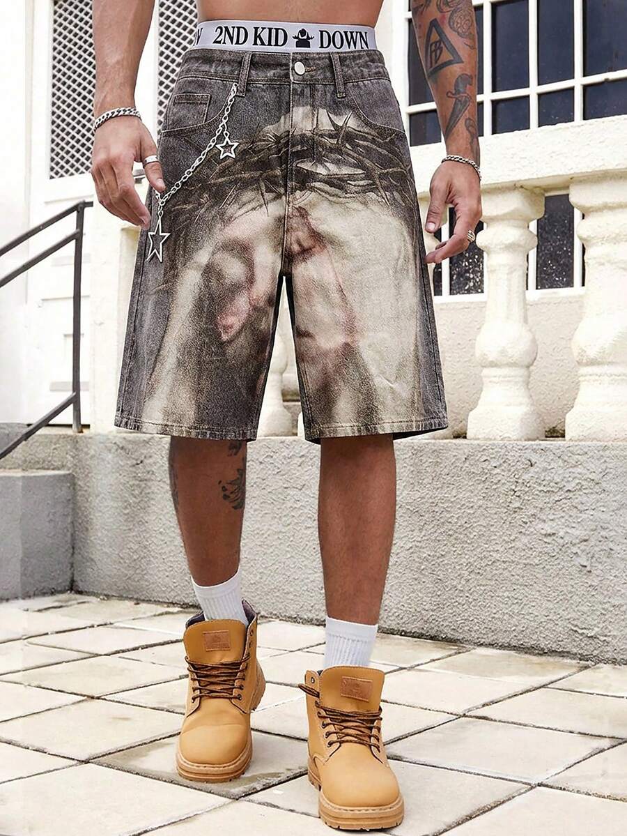 ROMWE MEN 男士街头印花口袋休闲牛仔短裤 - 卡其色 - 查看 1