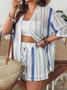 SHEIN VCAY Plus Size Women's Blue & White Striped Shirt And Shorts Knit 2 Pieces Set, Summer Vacation - Multicolor - View 5