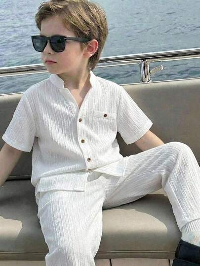 SHEIN 2pcs Tween Boy Casual Vacation Versatile Solid Color Textured Fabric Wave Striped White Shirt And Pants Set, Suitable For Commuting, School, Daily Casual, Sports, Spring/Summer