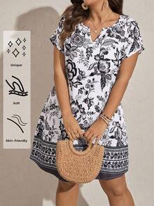 Comfylo 大码女式复古印花V领蝙蝠袖休闲连衣裙度假装女式夏季服装女式办公室着装 - 黑與白 - 查看 1