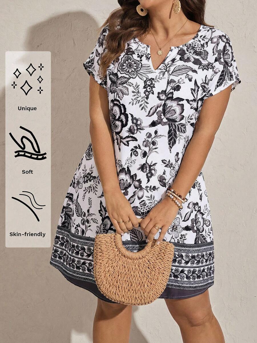 Comfylo 大码女式复古印花V领蝙蝠袖休闲连衣裙度假装女式夏季服装女式办公室着装 - 黑與白 - 查看 1